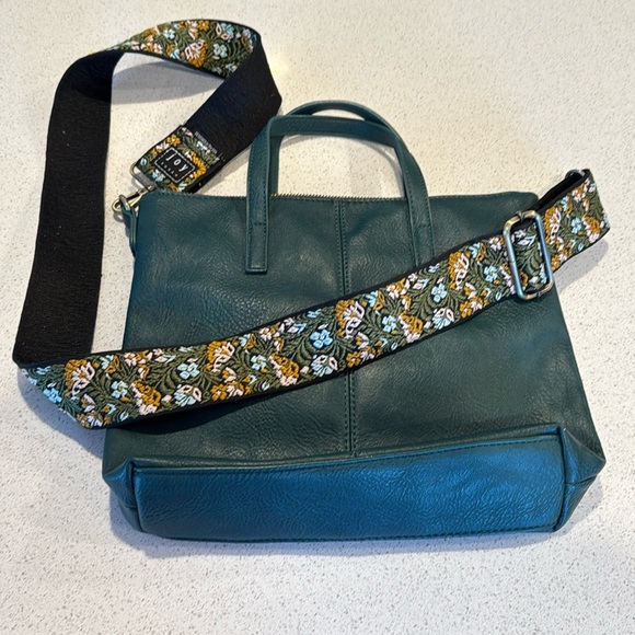 Joy Susan Kim Zip Top Medium Tote greenish blue dark color with floral strap - Picture 1 of 15